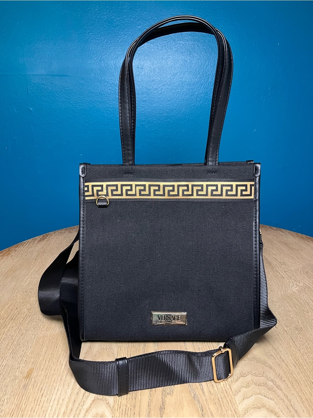 Versace Fragrances Canvas Mini Tote Shoulder Strap Black Gold Greek Detail